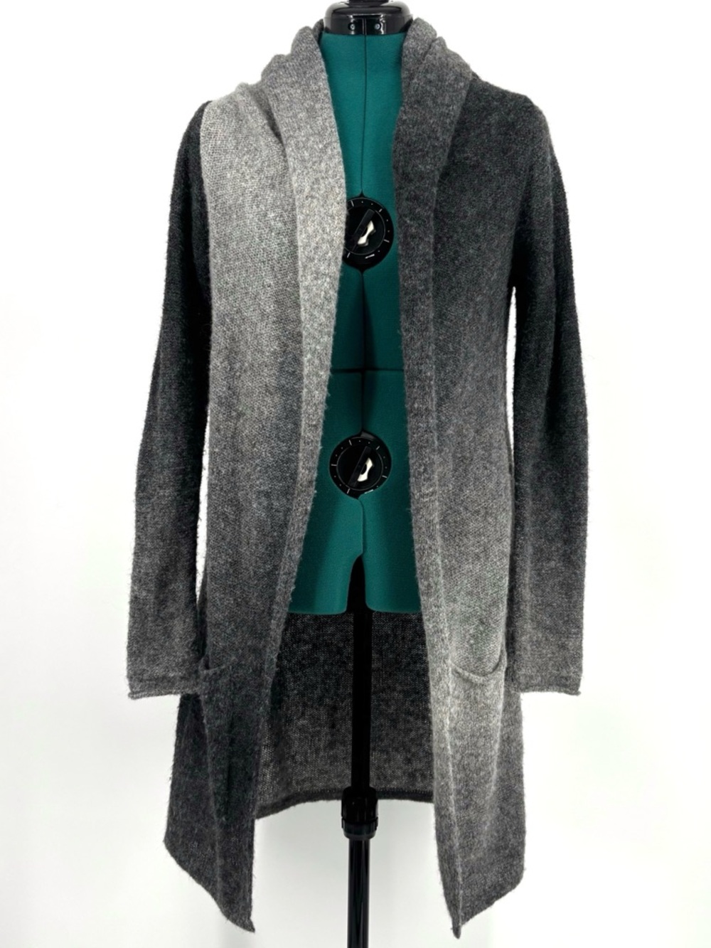 Sandwich Grey Tone Ombre Wool-Blend Cowl Neck Open-Front Duster Cardigan, Medium